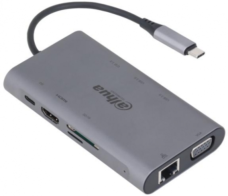 dAHUA 9 IN 1 USB 3.1 Type-C to USB 3.0 + HDMI + RJ45 + VGA + SD/TF +PD Docking Station, intrare: USB 3.1 Type-C, Iesire: 3 * USB 3.0, 1 * HDMI, 1 * VGA, 1 * RJ45, 1 * SD, 1 * TF, 1 * PD, 1 × VGA supporta 1920 × 1080@ 30 Hz, 1 × RJ-45, suporta 10/100/1000 Mbps.