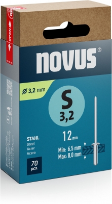 Nituri din otel Novus tip S, diametru 3,2 mm, lungime 12 mm, 70 buc/cutie