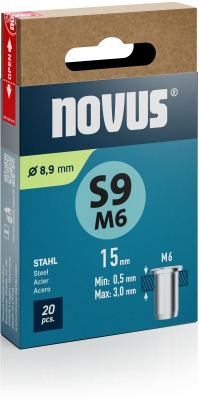 Piulita cu filet pentru nit din fier Novus tip M, diametru 6 mm, lungime 15 mm, 20 buc/cutie