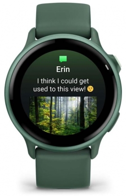 Ceas Garmin vívoactive 6 display AMOLED, dimensiune afisaj 30.4 mm, rezolutie afisaj  390 x 390 pixeli, memorie 8GB, autonomie până la 11 zile (5 zile cu afişajul permanent pornit) rezistanta la apa pana la 5 ATM, greutate: 23g, ramă Jasper Green cu curea Bone, carcasă Green Metallic şi curea din