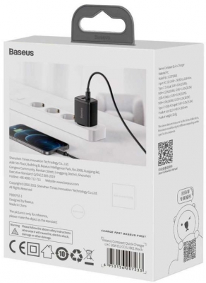 Incarcator retea Baseus Compact, Quick Charge 20W, 1 x USB Type-C 5V/3A max, 1 x USB 5V/3A, negru
