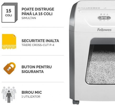 Distrugator documente manual, P4, cross cut, alb, 15 coli, Fellowes 15C