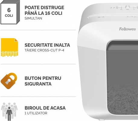 Distrugator documente Fellowes Powershred, LX25, 6 coli, Cross-Cut, alb 