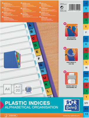 Index plastic alfabetic Oxford, A4, A-Z, alb, 20 file/set
