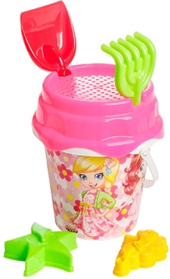 Set Nisip 4 cu desene, galetusa + accesorii, diverse culori, Burak Toys