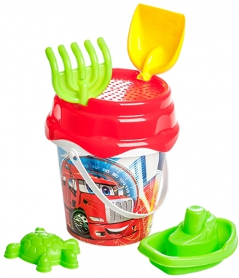 Set Nisip 5 cu desene, galetusa + accesorii, diverse culori, Burak Toys