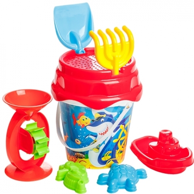 Set Nisip 8 cu desene, galetusa + accesorii, diverse culori, Burak Toys