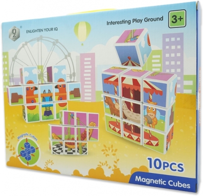 Set inteligent de cuburi magnetice, 10 piese si cutie depozitare, model Parc de Distractii 