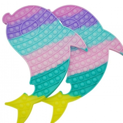 Jucarie senzoriala antistres Pop it Now and Flip it, Push Bubble, 30 cm, XXL, model Delfin Dublu multicolor