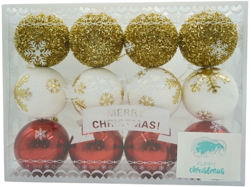 Globuri pentru brad, culoare alb/rosu/auriu, 12 buc/set 