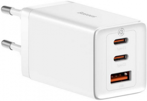Incarcator retea Baseus GaN5 PRO, Quick Charge 65W, 2 porturi USB PD, 1 port USB Quick Charge, include cablu USB -C la USB-C de 100W, lungime 1m, alb
