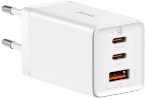 Incarcator retea Baseus GaN5 PRO, Quick Charge 65W, 2 porturi USB PD, 1 port USB Quick Charge, include cablu USB -C la USB-C de 100W, lungime 1m, alb