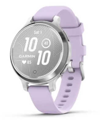Ceas Garmin Lily 2 Active, display AMOLED, dimensiune afisaj 25,4 mm x 21,3 mm, rezolutie afisaj 240 x 201 pixeli, memorie 8GB, autonomie pana la 9 zile, rezistanta la apa pana la 5 ATM, greutate: 24,4g, ramă Argintiu, şi curea Purple Jasmine din silicon