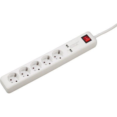 Prelungitor 5 prize, 1.5 m, 2 x USB 3A, alb Hama