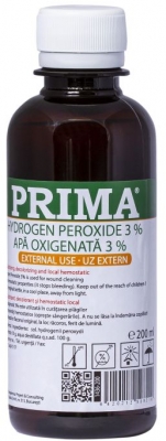Apa oxigenata (peroxid de hidrogen) 3% PRIMA 200 ml, antiseptic, hemostatic, pentru rani si igiena orala