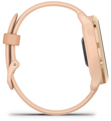 Ceas Garmin vívoactive 6 display AMOLED, dimensiune afisaj 30.4 mm, rezolutie afisaj  390 x 390 pixeli, memorie 8GB, autonomie până la 11 zile (5 zile cu afişajul permanent pornit) rezistanta la apa pana la 5 ATM, greutate: 23g, ramă Pink Dawn cu curea Bone, carcasă Pink Dawn Metallic şi curea din
