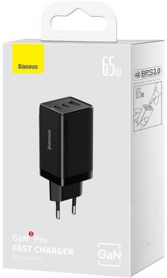 Incarcator retea Baseus GaN5 PRO, Quick Charge 65W, 2 porturi USB PD, 1 port USB Quick Charge, include cablu USB -C la USB-C de 100W, lungime 1m, negru