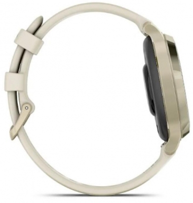 Ceas Garmin Lily 2 Active, display AMOLED, dimensiune afisaj 25,4 mm x 21,3 mm, rezolutie afisaj 240 x 201 pixeli, memorie 8GB, autonomie pana la 9 zile, rezistanta la apa pana la 5 ATM, greutate: 24,4g, ramă MLunar Glod şi curea Bone din silicon