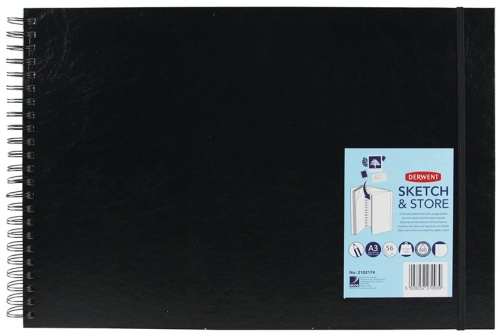 Caiet pentru schite si desen, A3, cu spira, 56 coli, 165 gsm, mapa inclusa, hartie alba, negru-vinil Derwent Professional