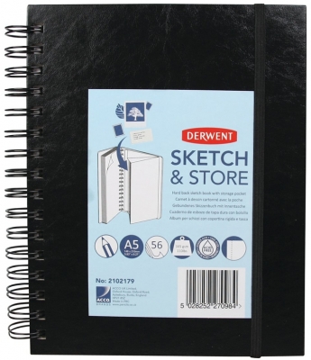 Caiet pentru schite si desen, A5, cu spira, 56 coli, 165 gsm, mapa inclusa, hartie alba, negru-vinil Derwent Professional
