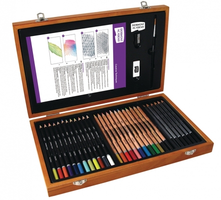 Set cadou pentru desen, calitate superioara, pentru artisti aspiranti, cutie din lemn, 35 buc/set  Derwent Academy