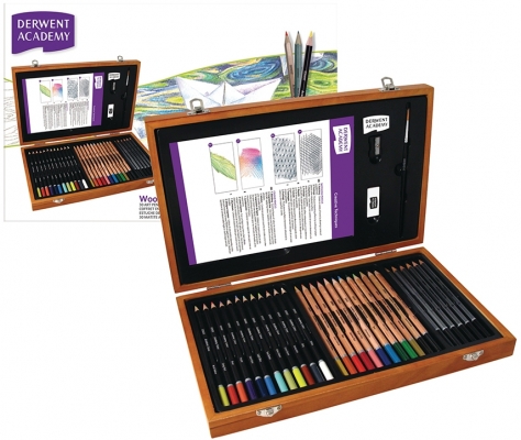 Set cadou pentru desen, calitate superioara, pentru artisti aspiranti, cutie din lemn, 35 buc/set  Derwent Academy