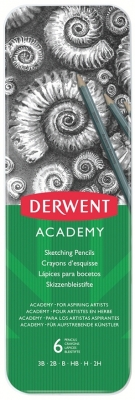 Set 6 creioane Grafit 3B-2H, cutie metalica Derwent Academy