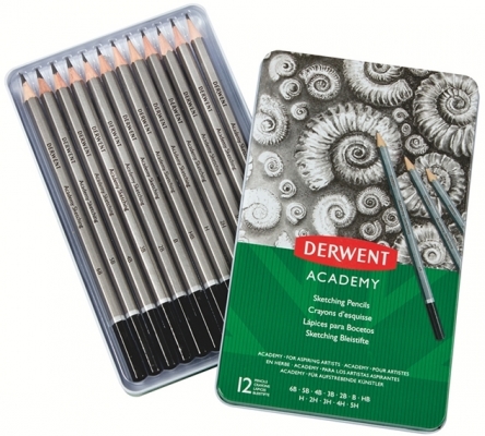 Set 12 creioane Grafit 6B-5H, calitate superioara, pentru artisti aspiranti, cutie metalica Derwent Academy