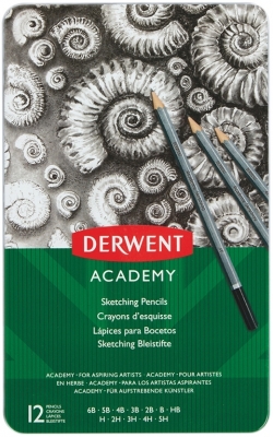 Set 12 creioane Grafit 6B-5H, calitate superioara, pentru artisti aspiranti, cutie metalica Derwent Academy