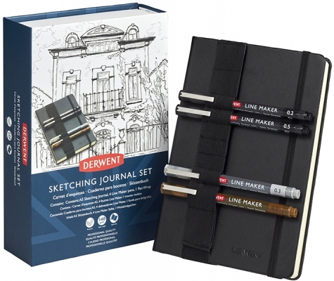 Set pentru schite, include caiet A5 cu inchidere elastica, 80 coli, 140g si 4 linere pe baza de apa, diverse culori Derwent Professional