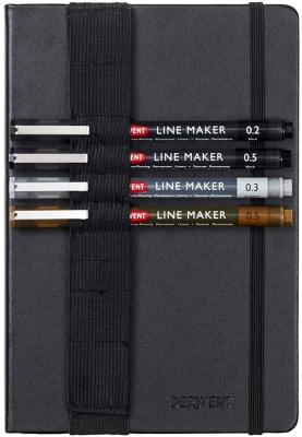 Set pentru schite, include caiet A5 cu inchidere elastica, 80 coli, 140g si 4 linere pe baza de apa, diverse culori Derwent Professional