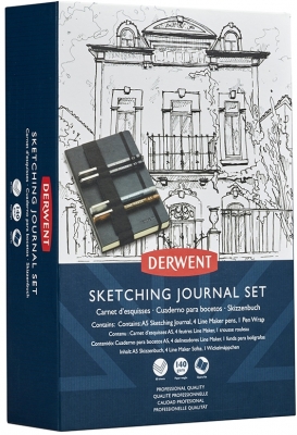 Set pentru schite, include caiet A5 cu inchidere elastica, 80 coli, 140g si 4 linere pe baza de apa, diverse culori Derwent Professional