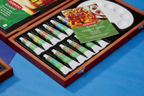 Set cadou culori acrilice, calitate superioara, pentru artisti aspiranti, cutie din lemn, 18 buc/set Derwent Academy