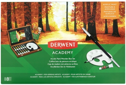 Set cadou culori acrilice, calitate superioara, pentru artisti aspiranti, cutie din lemn, 18 buc/set Derwent Academy