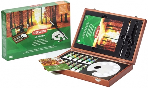 Set cadou culori acrilice, calitate superioara, pentru artisti aspiranti, cutie din lemn, 18 buc/set Derwent Academy