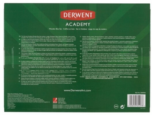 Set complet pentru desen, cutie din lemn, 28 buc/set, culori metalice, pastel si neon Derwent Academy
