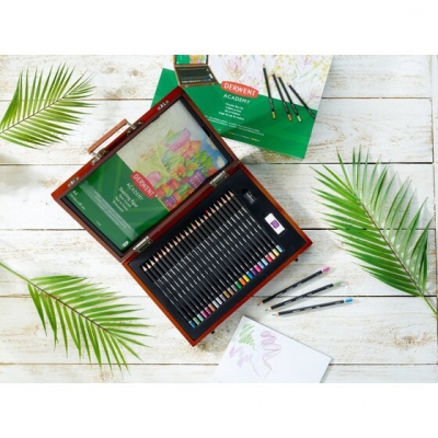 Set complet pentru desen, cutie din lemn, 28 buc/set, culori metalice, pastel si neon Derwent Academy