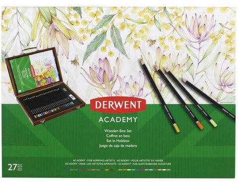 Set complet pentru desen, cutie din lemn, 28 buc/set, culori metalice, pastel si neon Derwent Academy