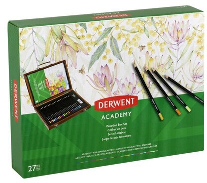 Set complet pentru desen, cutie din lemn, 28 buc/set, culori metalice, pastel si neon Derwent Academy