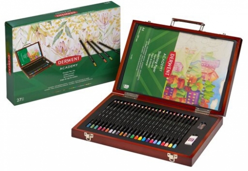 Set complet pentru desen, cutie din lemn, 28 buc/set, culori metalice, pastel si neon Derwent Academy