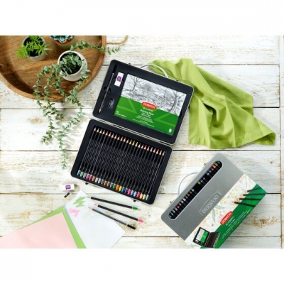 Set complet pentru desen, cutie metalica, 28 buc/set, culori metalice, pastel si neon Derwent Academy