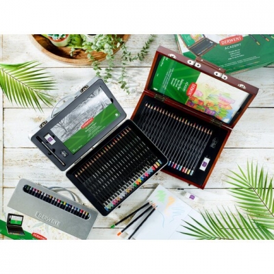 Set complet pentru desen, cutie metalica, 28 buc/set, culori metalice, pastel si neon Derwent Academy