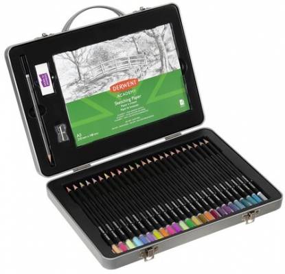 Set complet pentru desen, cutie metalica, 28 buc/set, culori metalice, pastel si neon Derwent Academy