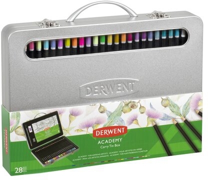 Set complet pentru desen, cutie metalica, 28 buc/set, culori metalice, pastel si neon Derwent Academy