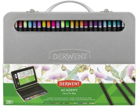 Set complet pentru desen, cutie metalica, 28 buc/set, culori metalice, pastel si neon Derwent Academy