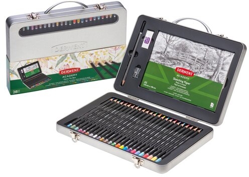 Set complet pentru desen, cutie metalica, 28 buc/set, culori metalice, pastel si neon Derwent Academy