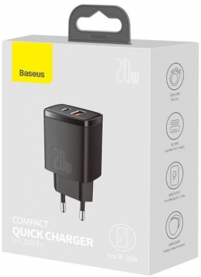 Incarcator retea Baseus Compact, Quick Charge 20W, 1 x USB Type-C 5V/3A max, 1 x USB 5V/3A, negru