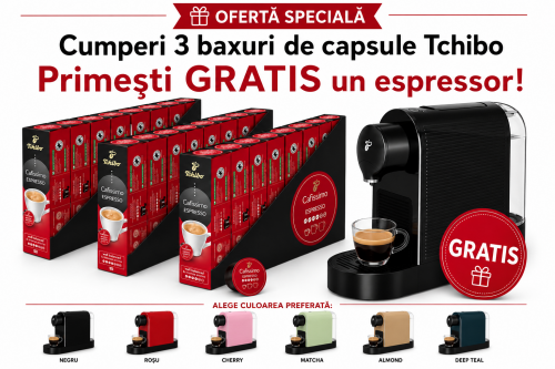 Pachet 24 cutii capsule Tchibo Cafissimo Espresso Elegant Aroma si espressor Tchibo Pure Plus cadou