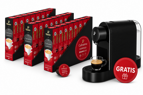 Pachet 24 cutii capsule Tchibo Cafissimo Espresso Elegant Aroma si espressor Tchibo Pure Plus cadou