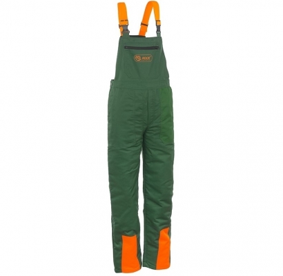 Pantaloni cu pieptar cu protectie impotriva ferastraului cu lant, verde / portocaliu, Woodcutter, Rock Safety